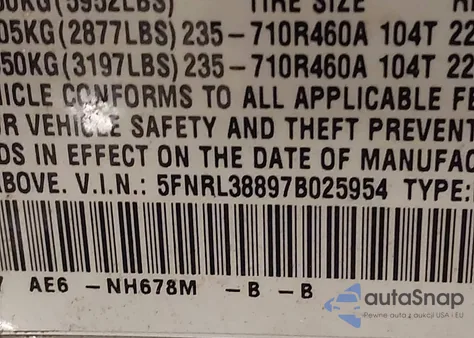 2007 Honda Odyssey Touring from USA, damaged, VIN 5FNRL38897B025954